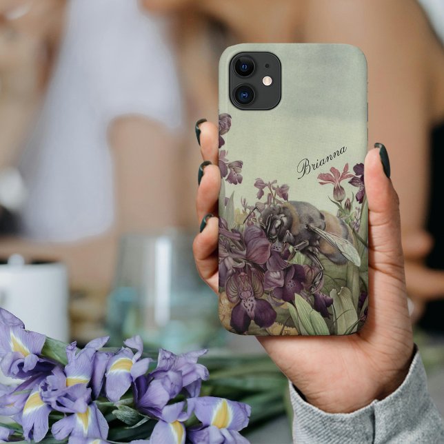 Floral Flowers Purple Nature Botanical Garden Bee Case-Mate iPhone Case (The beauty of nature -vintage botanical print for your iPhone.  Purple iris with a busy bee at work.)