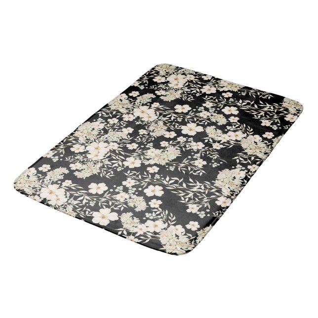 Floral Flowers Wildflowers Leaves Black Background Bath Mat (Angled)