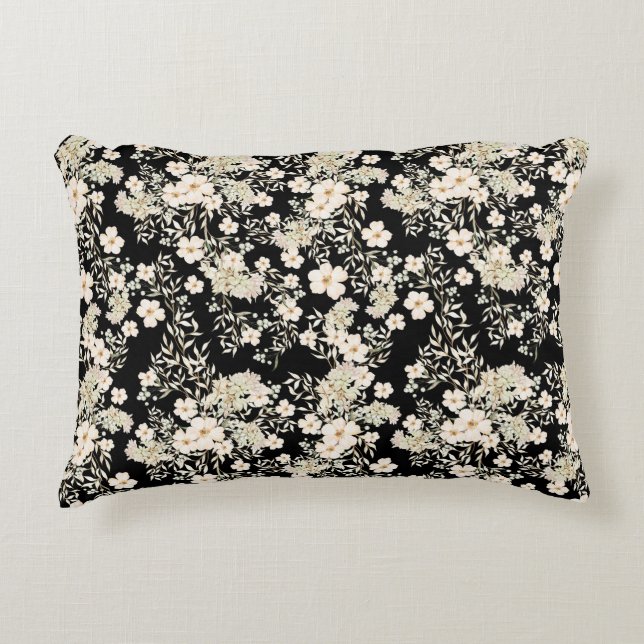 Floral Flowers Wildflowers Leaves Black Background Decorative Cushion (Front)