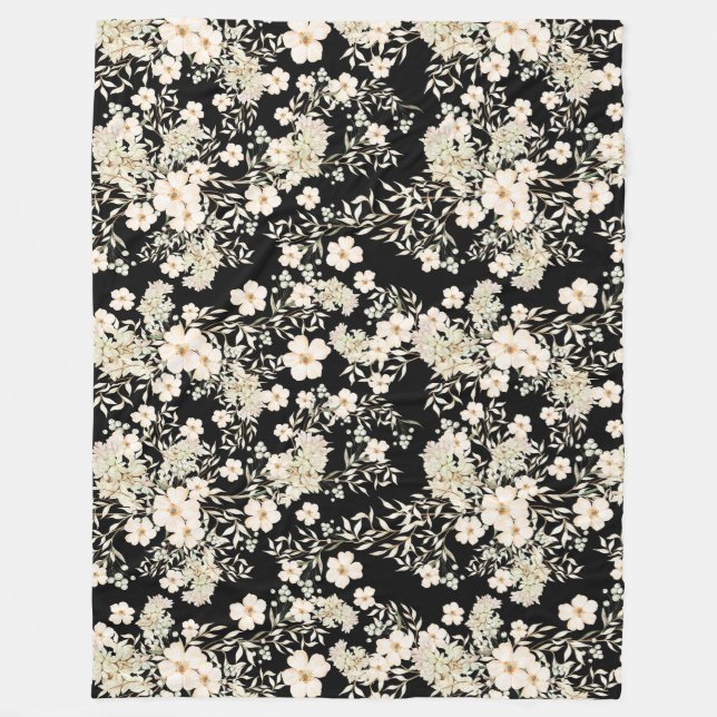 Floral Flowers Wildflowers Leaves Black Background Fleece Blanket (Front)