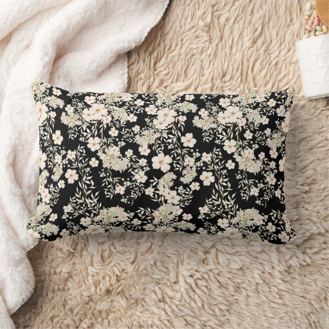 Floral Flowers Wildflowers Leaves Black Background Lumbar Cushion (Blanket)