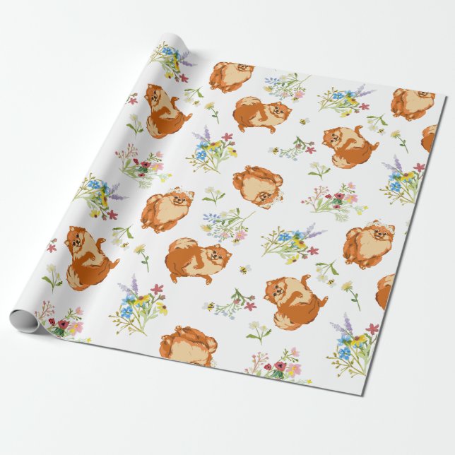 Floral Fluffy Dog Wrapping Paper (Unrolled)