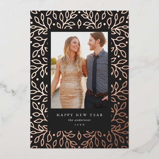 Floral Foil Happy New Year Holiday Photo Card (Front)
