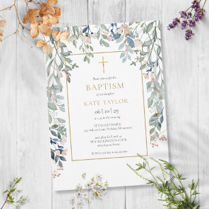 Floral Foliage Elegant Gold Baptism Christening Invitation