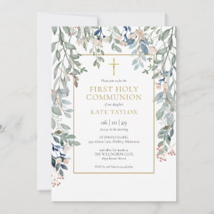 Floral Foliage Elegant Gold First Holy Communion Invitation