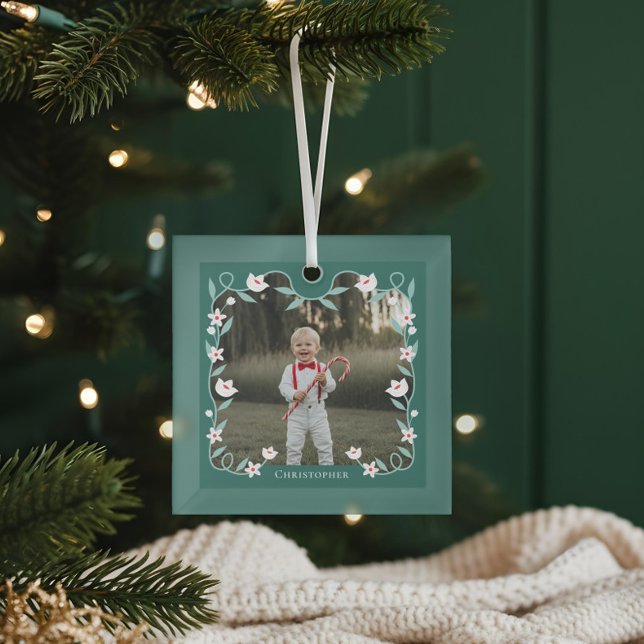 Floral Foliage Elegant Green Photo Name Keepsake Glass Tree Decoration (Floral Foliage Elegant Green Photo Name Keepsake Glass Ornamen)