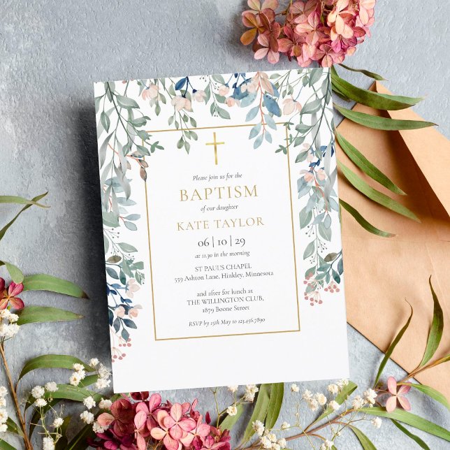 Floral Foliage Gold Cross Baptism Christening Invitation Postcard (Creator Uploaded)