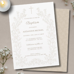 Floral Foliage Leaves Cross Christian Baptism Invitation