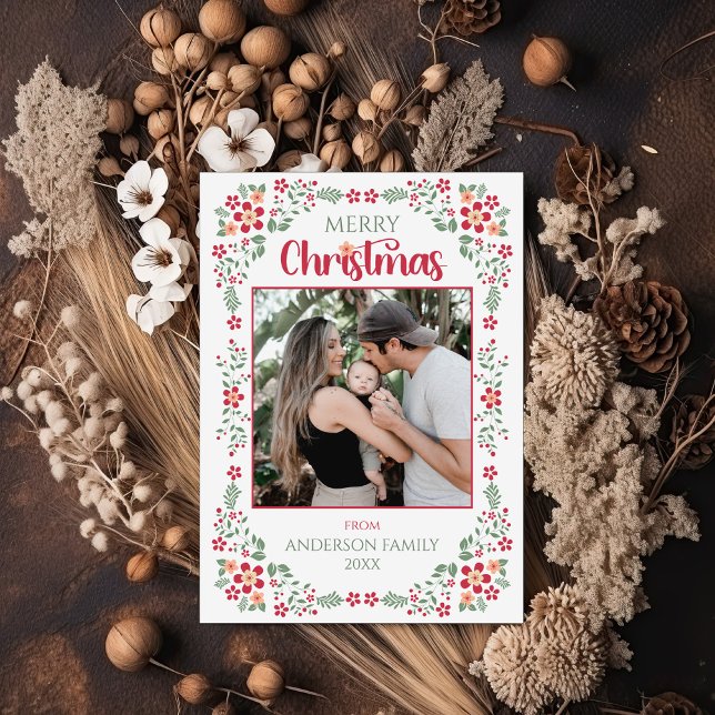 Floral Foliage One Photo Christmas  Holiday Card (Creator Uploaded)