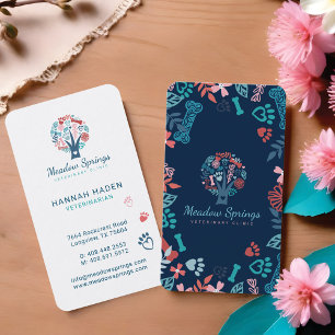 Floral & Foliage Pet Paw Print Pattern Tree Navy Business Card
