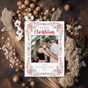 Floral Foliage Two Photo Merry Christmas Holiday Card