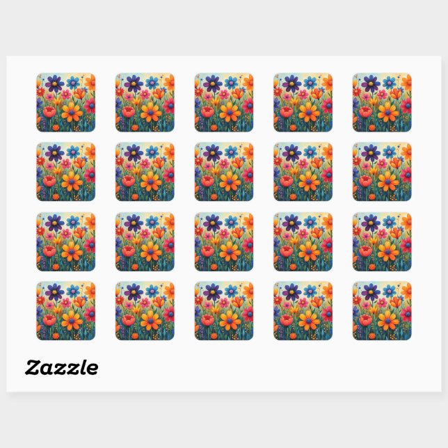 Floral Folk Art Illustration Square Sticker (Sheet)