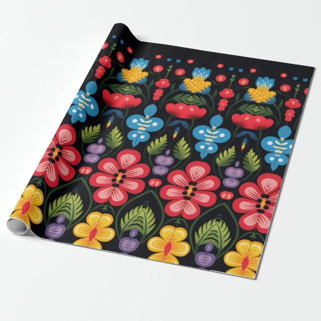 Floral Folk Art Modern Wrapping Paper (Unrolled)