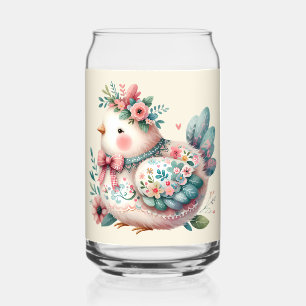 Floral Folk Bird with Pastel Boho Charm Can Glass