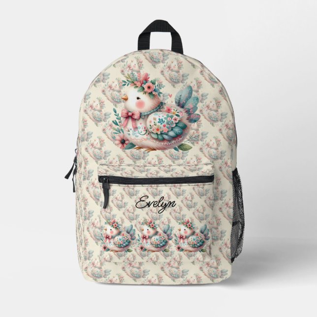 Floral Folk Bird with Pastel Boho Charm Printed Backpack (Front)