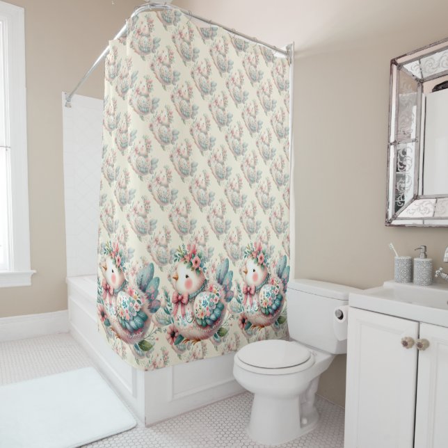 Floral Folk Bird with Pastel Boho Charm Shower Curtain (In Situ)