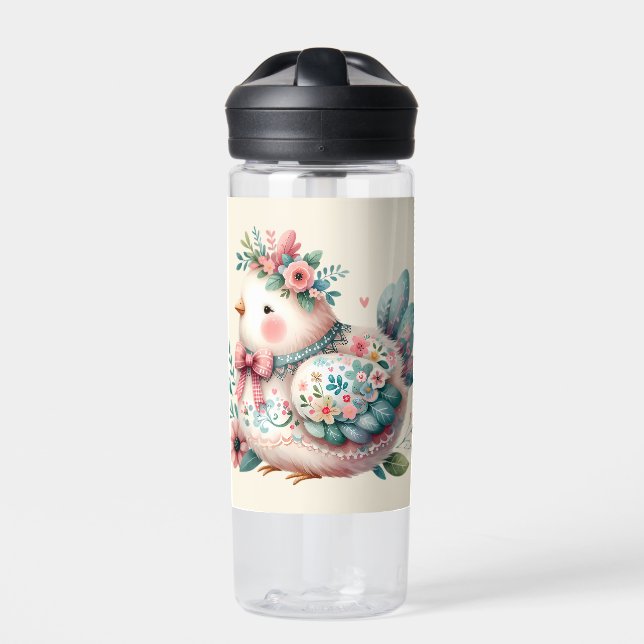 Floral Folk Bird with Pastel Boho Charm Water Bottle (Front)