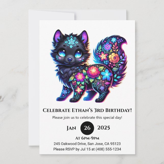 Floral Folk Fantasy Wolf Birthday Invitation (Front)