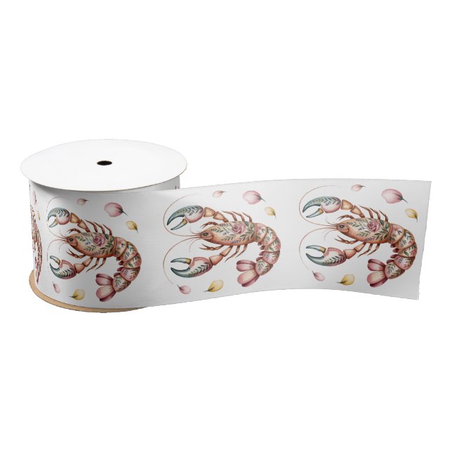 Floral Folk Lobster Art Illustration Satin Ribbon (Spool)