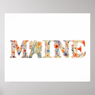 Floral Font State Art Print (Maine)
