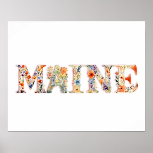 Floral Font State Art Print  (Maine) (Front)