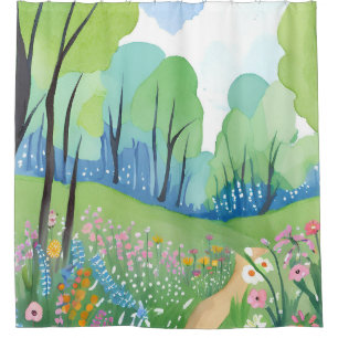 Floral Forest Nature Watercolor Wildflowers Shower Curtain