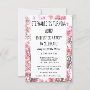 Floral Fourth Birthday Party Pink Cherry Blossom Invitation
