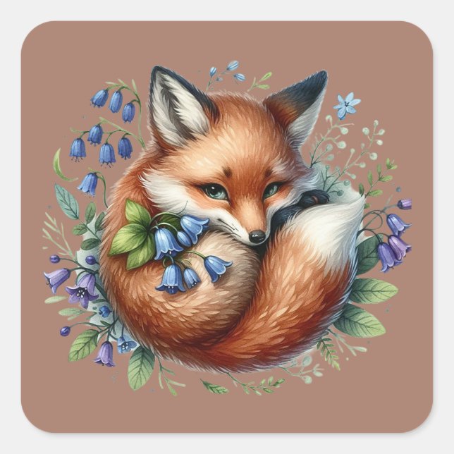 Floral Fox Botanical Woodland Art Square Sticker (Front)