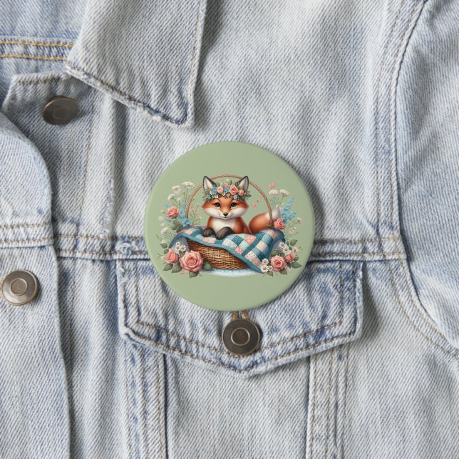 Floral Fox in Basket with Quilt & Flowers 7.5 Cm Round Badge (In Situ)