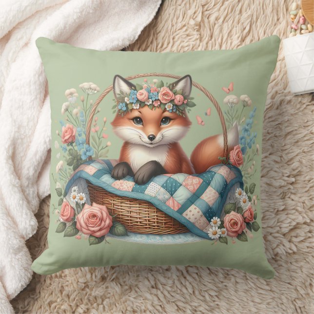 Floral Fox in Basket with Quilt & Flowers Cushion (Blanket)