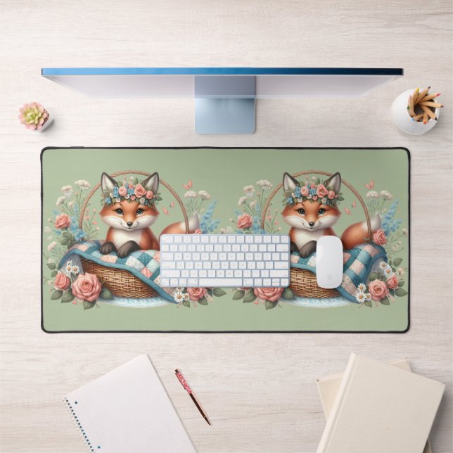 Floral Fox in Basket with Quilt & Flowers Desk Mat (Office 1)