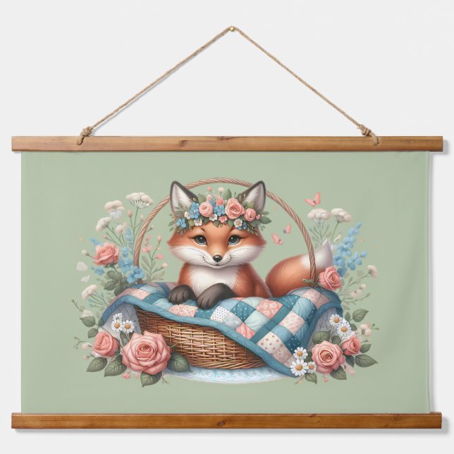 Floral Fox in Basket with Quilt & Flowers Hanging Tapestry (Front)