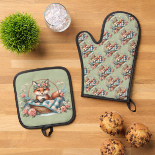 Floral Fox in Basket with Quilt & Flowers Oven Mitt & Pot Holder Set