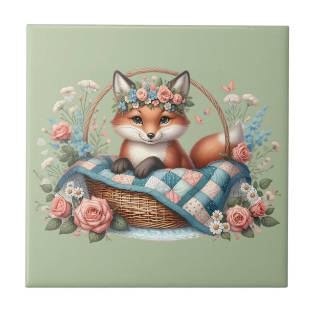 Floral Fox in Basket with Quilt & Flowers Tile (Front)