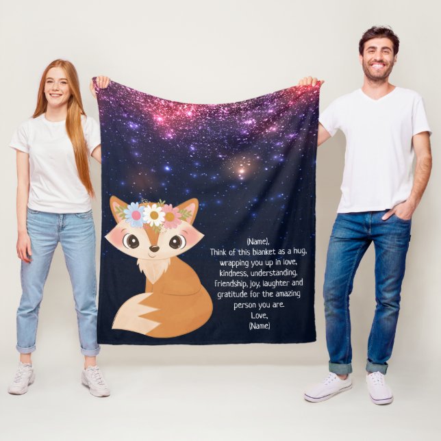 Floral Fox Space Galaxy Background Custom Letter Fleece Blanket (In Situ)
