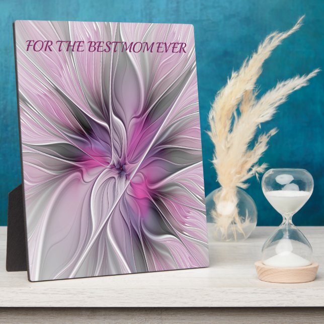 Floral Fractal Abstract Flower Pink Grey Best Mum Plaque (Side)