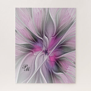 Floral Fractal Abstract Flower Pink Grey Initials Jigsaw Puzzle
