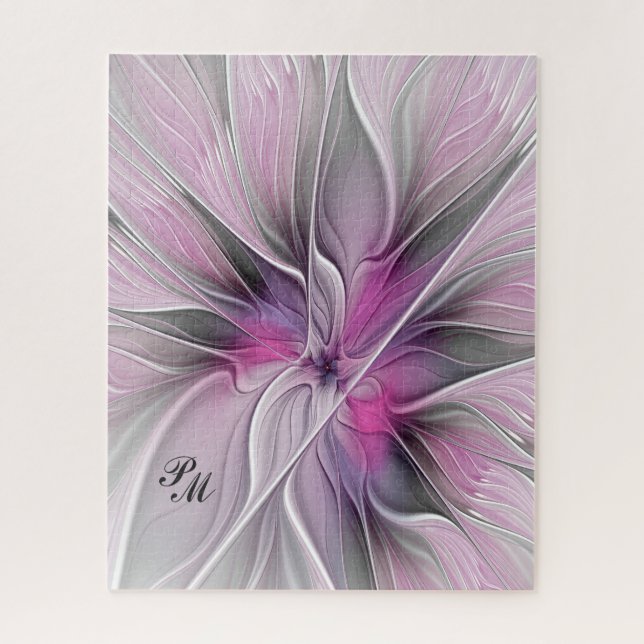 Floral Fractal Abstract Flower Pink Grey Initials Jigsaw Puzzle (Vertical)