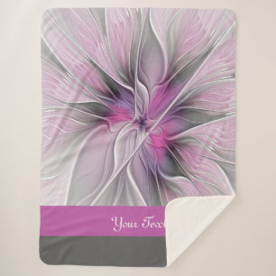 Floral Fractal Abstract Flower Pink Grey Own Name Sherpa Blanket
