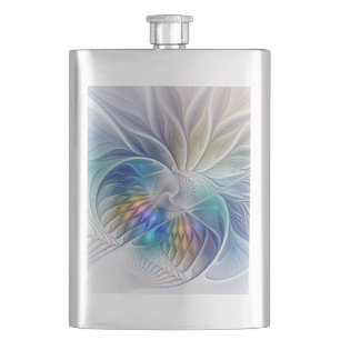 Floral Fractal Art, Colourful Abstract Flower Hip Flask