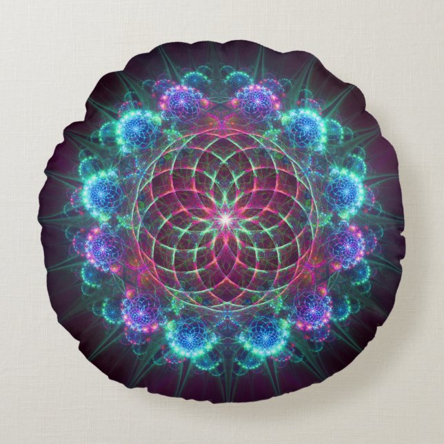 Floral fractal blue ornament round cushion (Front)