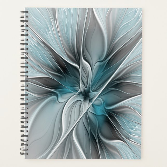 Floral Fractal Modern Abstract Flower Blue Gray Planner (Front)