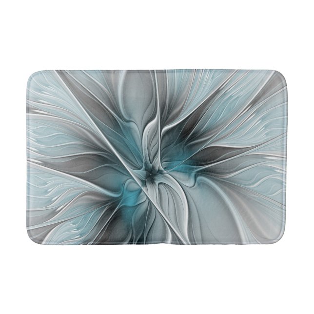 Floral Fractal Modern Abstract Flower Blue Grey Bath Mat (Front)