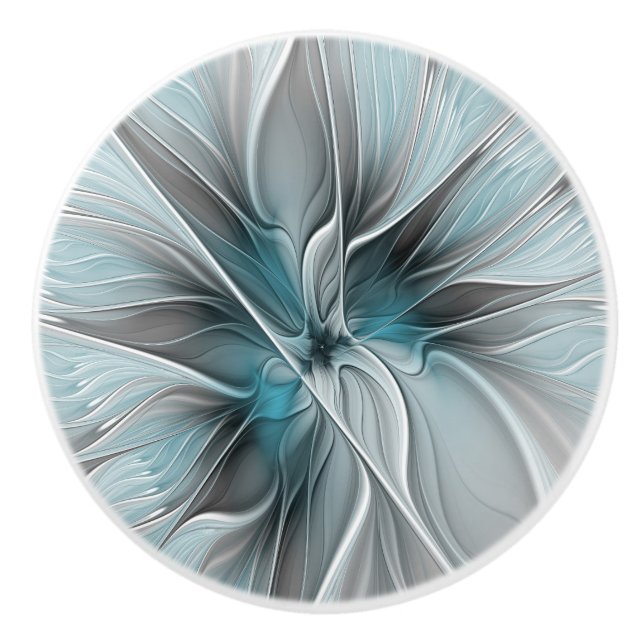 Floral Fractal Modern Abstract Flower Blue Grey Ceramic Knob (Front)