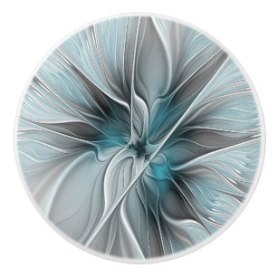 Floral Fractal Modern Abstract Flower Blue Grey Ceramic Knob