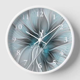 Floral Fractal Modern Abstract Flower Blue Grey Clock