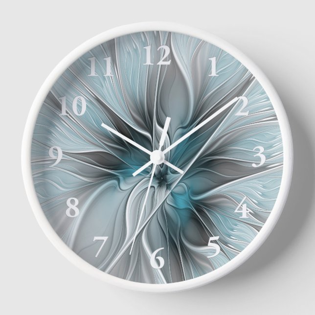 Floral Fractal Modern Abstract Flower Blue Grey Clock (Front)
