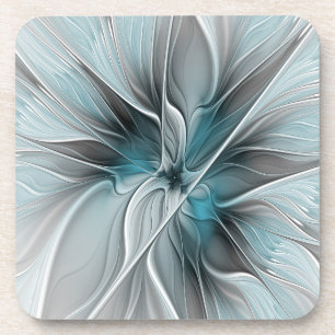 Floral Fractal Modern Abstract Flower Blue Grey Coaster