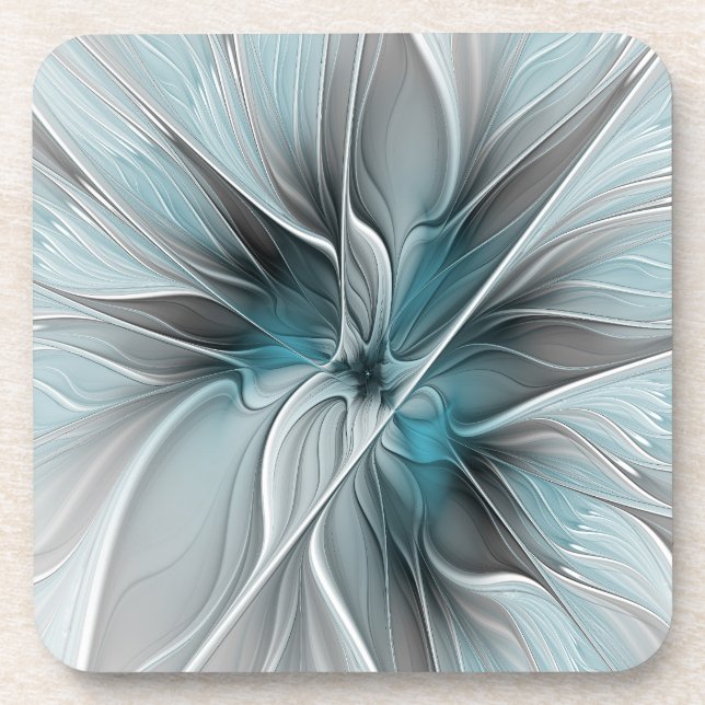 Floral Fractal Modern Abstract Flower Blue Grey Coaster (Front)