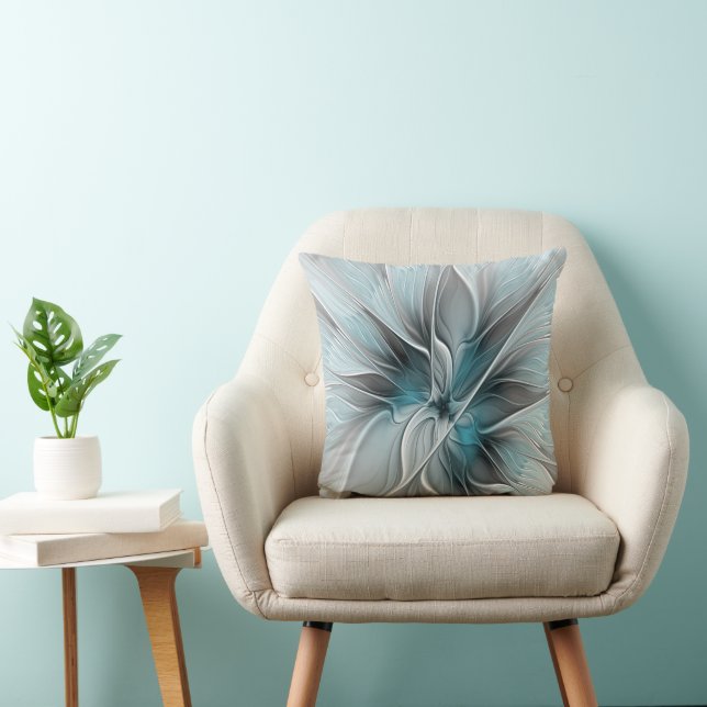 Floral Fractal Modern Abstract Flower Blue Grey Cushion (Chair)